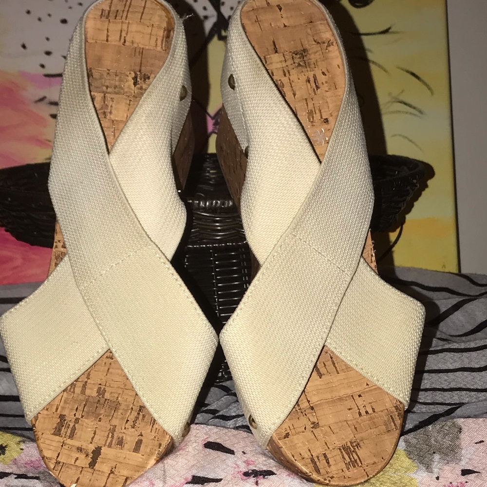 Montego Bay Club cream strap wedge w/stud accents.